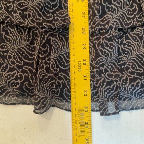 cinq a sept Black Mini Dress Sz 6 Tiered Print Silk Long Sleeve Smocked Babydoll - Picture 14 of 16